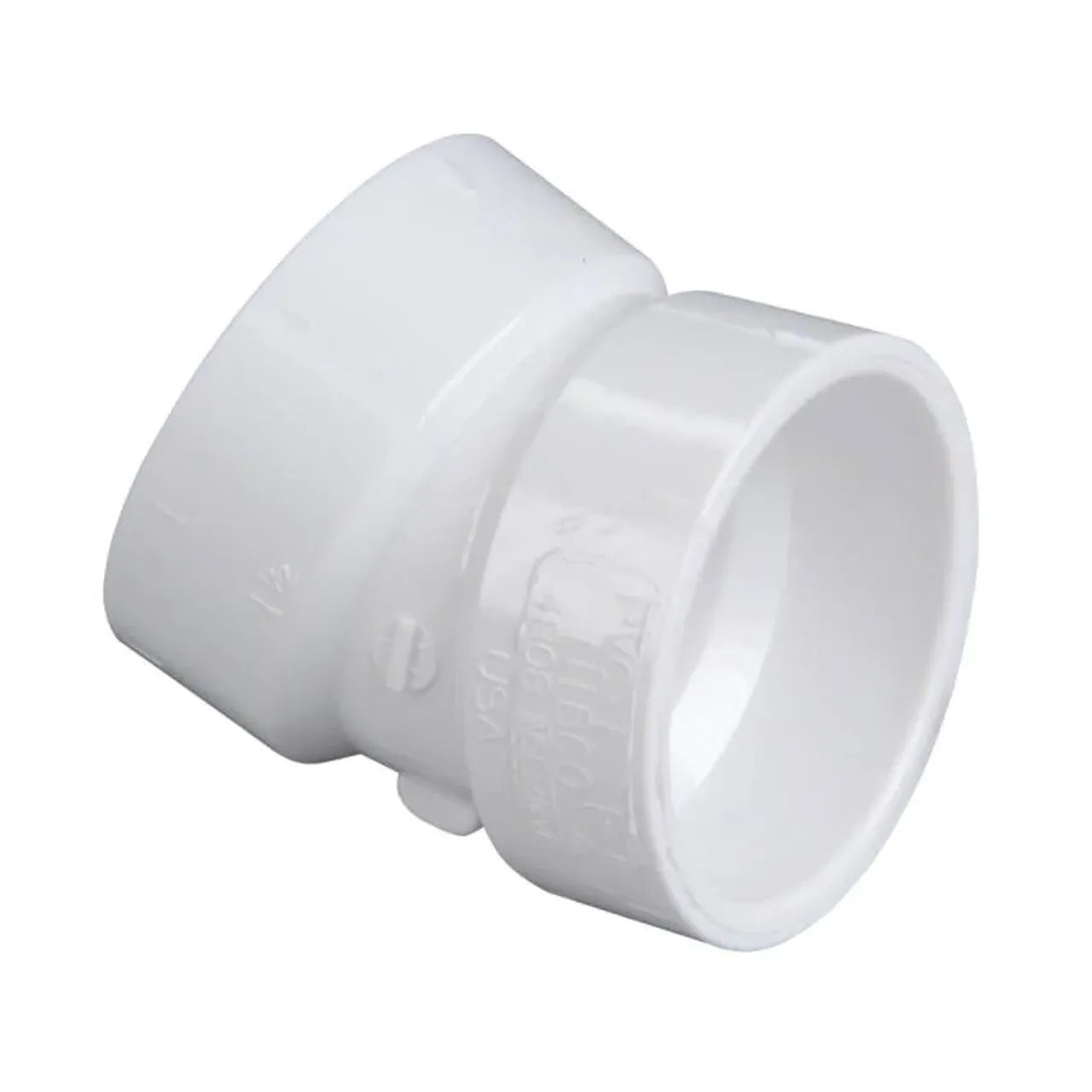 The Go Build 1-1/2 in. PVC 22-1/2-Degree Hub x Hub Elbow connects pipes at an angle in plumbing systems, featuring durable white plastic construction for reliable fitting of different diameters.